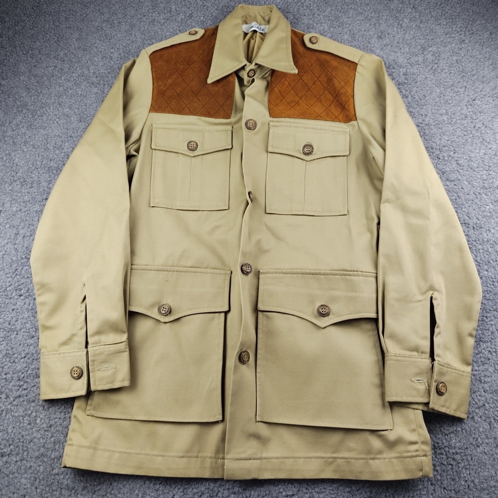 VTG Woolrich Safari Jacket Mens Small Tan Quilted Shooting Patch USA EUC